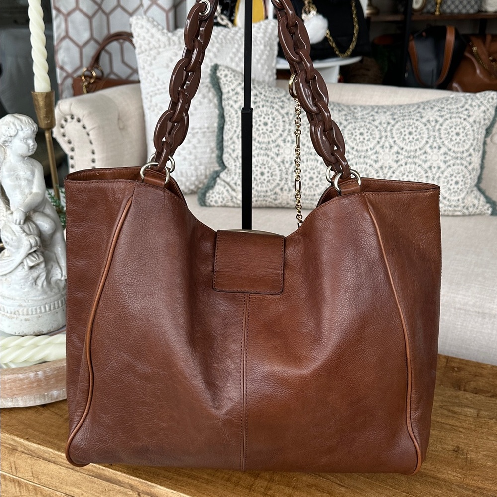 Vintage Banana Republic Jumbo Brown Leather Buckle & Chain Hobo Bag - Picture 5 of 15